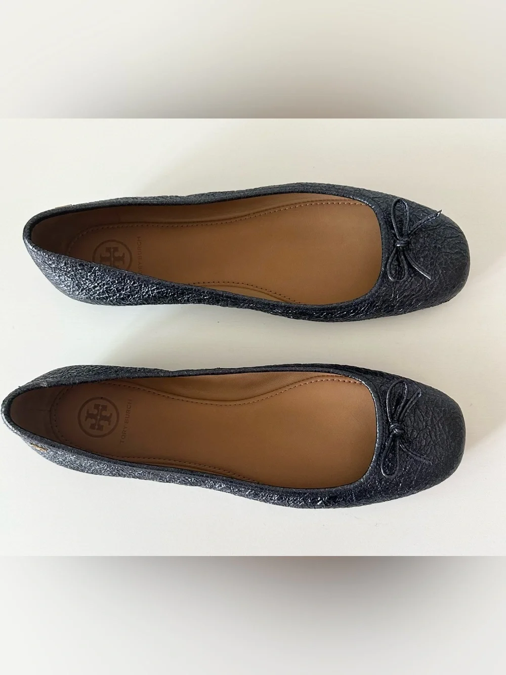 Tory Burch Metallic Navy / Pewter Leather Ballet Flats Bow Accent - Size 8M